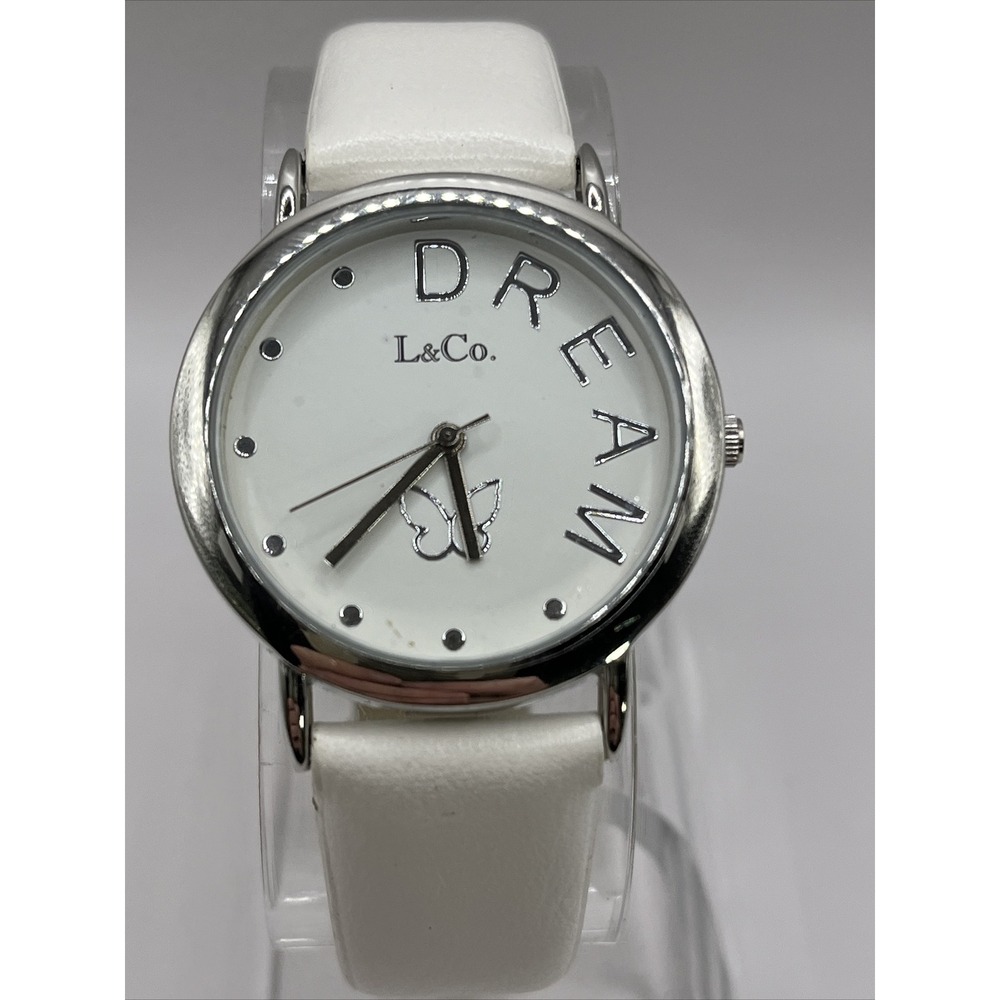 L & Co Dream Women's Quartz Watch White Faux Leather Band- New Battery